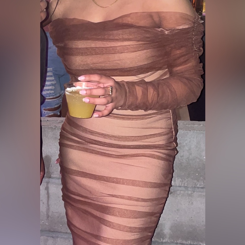 Fashion Nova | CREAM/ BROWN bandage dress | long sleeves